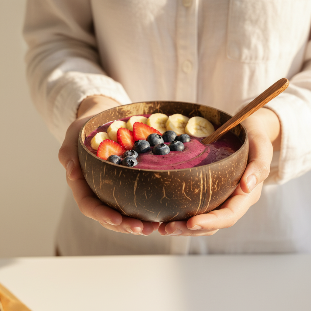 Hands holding a polished coconut bowl filled with a pink smoothie — five recipe ideas inside