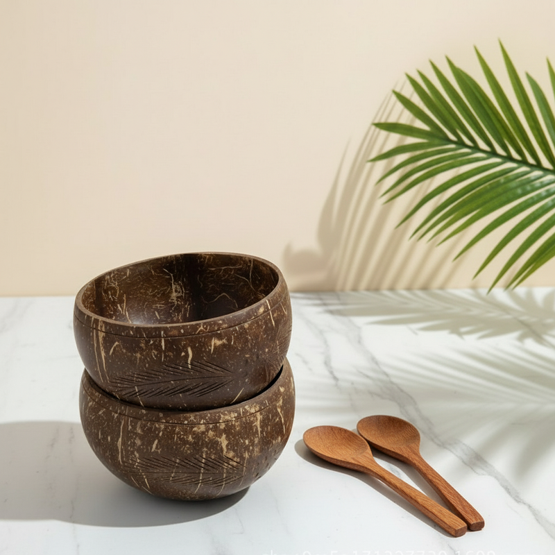 Two handcrafted coconut bowls showing the versatility of coconut shell tableware